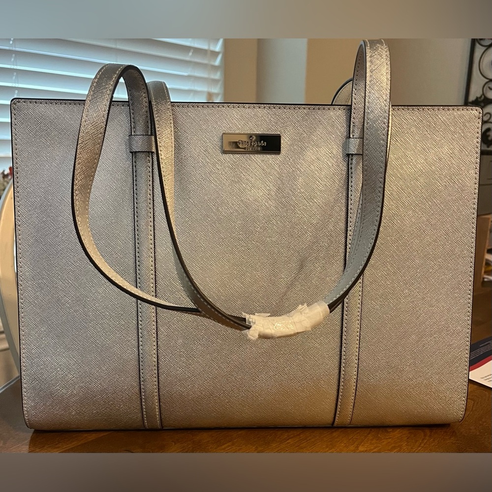 Kate Spade Metallic Silver Lunar Light Saffiano Leather Large Tote Kenzie NEW